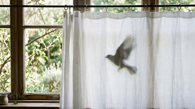 Moody Aesthetic Silhouette Shadow of Bird on Fabric Curtain