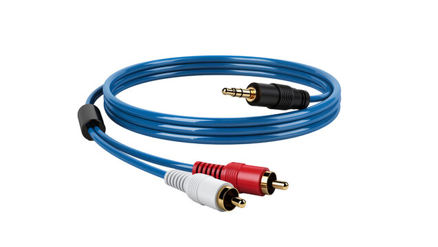 Isolated blue coiled audio cable with 3.5mm jack and red white RCA connectors