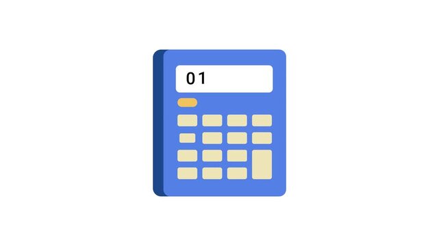 A blue calculator with yellow buttons and a white display screen on a white background animation 4k stock video
