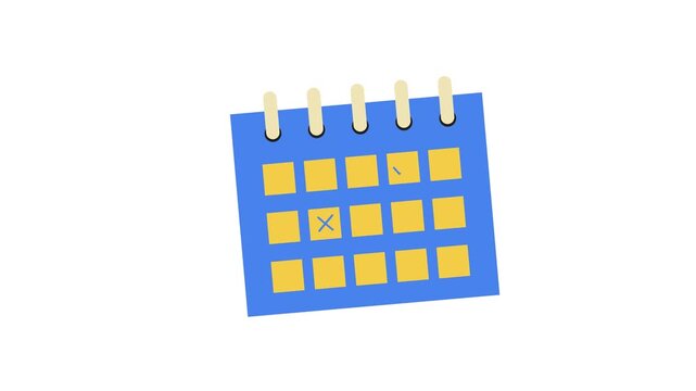A blue calendar with yellow squares and check marks on a white background animation 4k stock video