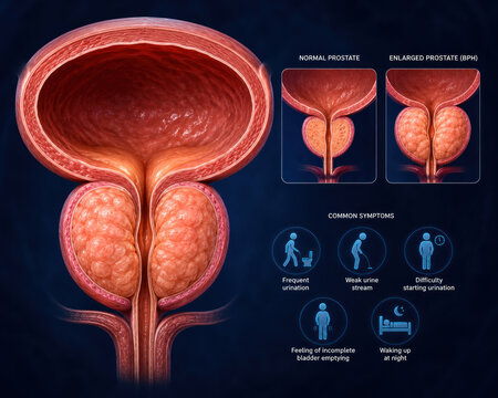 Benign prostatic hyperplasia medical illustration with enlarged prostate symptoms and urinary tract anatomy