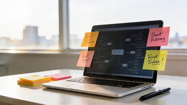 Laptop with colorful sticky notes for coding on a desk