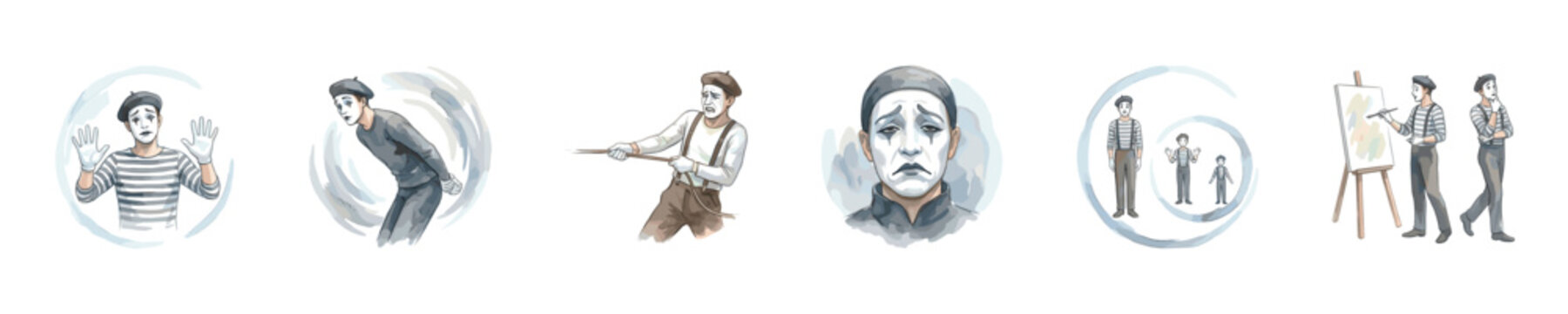 Collection of watercolor illustrations depicting various mime performances and artistic concepts