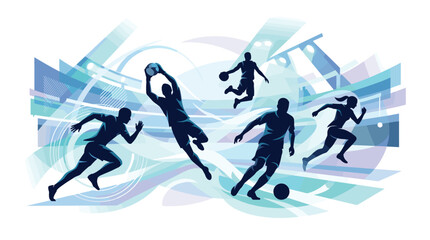 Fototapeta premium Silhouettes of athletes playing soccer, basketball, and running against a dynamic blue abstract background of stadium lights.