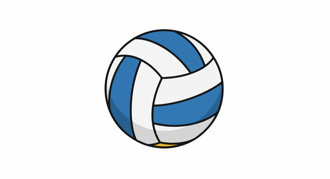 A cartoon volleyball with blue and white panels rests on a white background
