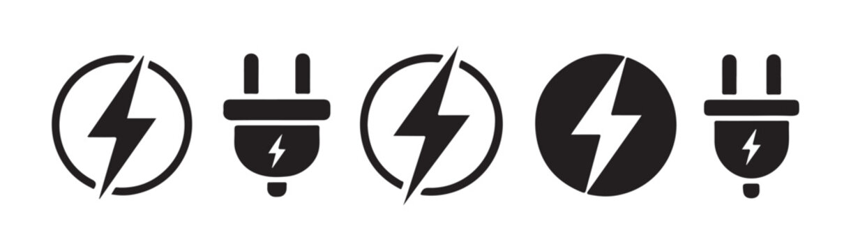 Set of electrical plug and lightning bolt icons inside circles for energy and power applications.