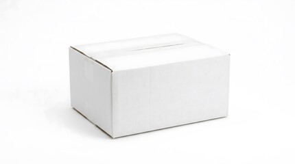 Naklejka premium A closed blank white cardboard box sealed with tape, isolated on a clean white background.