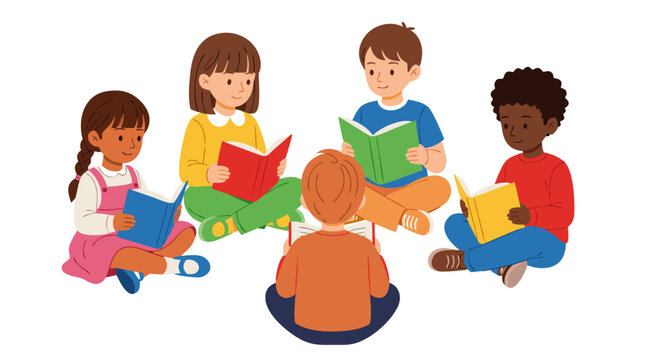 Children sitting in circle reading books vector illustration 52.eps