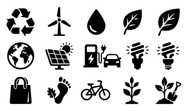 Environmental Sustainability and Renewable Energy Black Glyph Icon Set