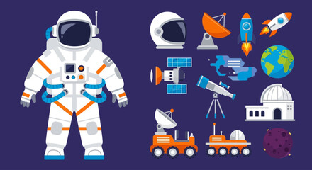 Astronaut in a space suit stands next to various spacecraft and astronomy equipment on a planetary surface. © Fendi
