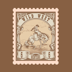 Obraz premium Vintage Wild West Cowboy Rodeo Postage Stamp Vector