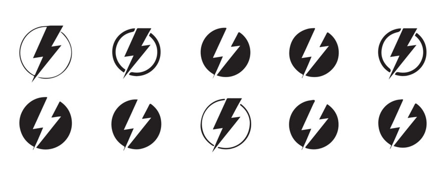 Collection of lightning bolt icons in circles for electricity power and energy symbols.