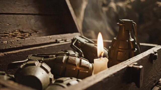 Low angle shot of a wooden box containing hand grenades illuminated by a candle flame with smoke.
