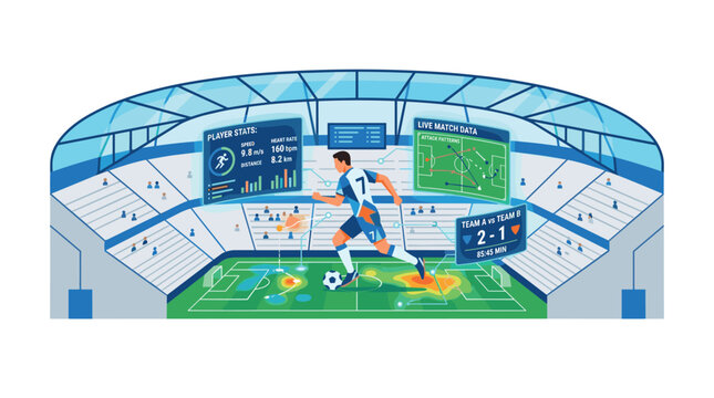 Soccer player running on a field with digital augmented reality data overlays showing player stats and live match tactics.