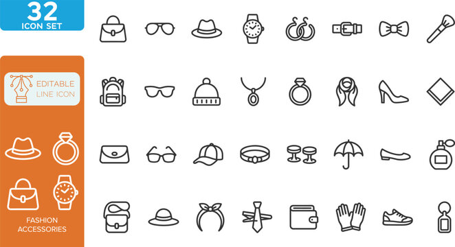 Fashion accessories line editable Icons set. Vector illustration. Contain icons related to fashion, accessory, beauty, necklace, jewellery, earring, goggles, watch, belt, bag, and more. on white backg