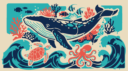 Vibrant illustration of a whale, turtle, and octopus swimming together in an ocean with coral and waves. © Fendi