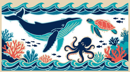 Underwater scene with a whale, turtle, and octopus swimming amidst coral and seaweed. © Fendi