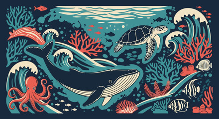Vibrant ocean scene with a whale, sea turtle, and octopus swimming amidst coral and waves. © Fendi