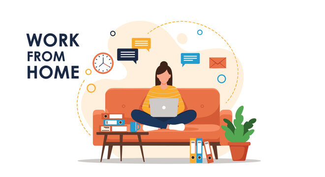 Young woman works efficiently from home while sitting on a comfortable sofa with her laptop and office supplies nearby.
