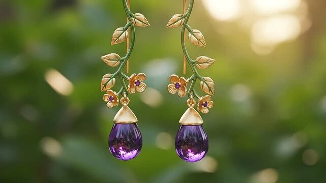 A pair of elegant gold earrings featuring purple gemstone drops and floral motifs