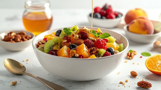 A bowl of fresh mixed fruit salad is being drizzled with golden liquid sweetener