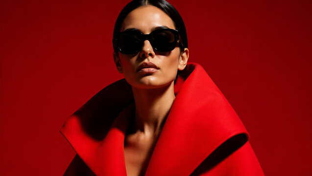 Close up portrait of a fashion model in a stylish red coat on a solid red background. Elegant woman wearing black sunglasses in a monochrome studio setting. Copy space for text
