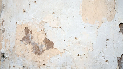 Fototapeta premium A weathered plaster wall surface featuring peeling white paint over light beige concrete with deep cracks and industrial textures captured in natural soft bright lighting.