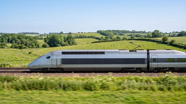 A side view of a modern TGV high-speed train moving fast past a lush green landscape in the French countryside on a clear summer day.