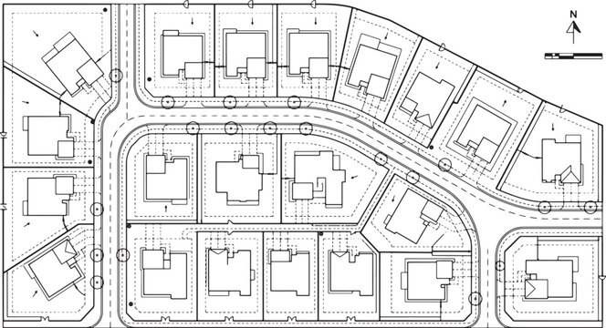 Residential subdivision site plan with house footprints and road layout for urban planning and real estate development