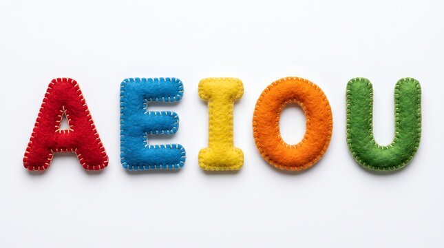 Colorful Felt Vowel Letters Arranged on White Background