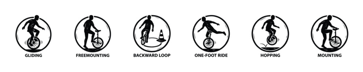 Collection of unicycling trick icons showing different maneuvers and skills © LOBSTER LARRY