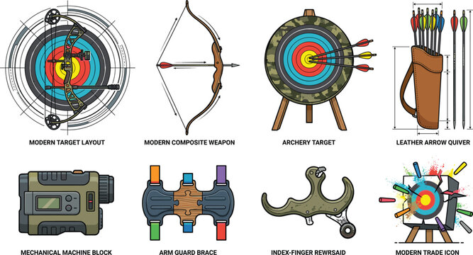 Archery equipment and target illustration set featuring compound bow, traditional bow, leather quiver, arm guard, and rangefinder