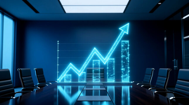 A rising holographic chart displays business growth on sleek conference table in modern corporate room embodying key Digital Transformation Trends for strategy
