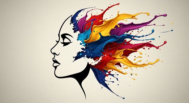 Profile of a woman with colorful paint splashes exploding from her hair in a dynamic style