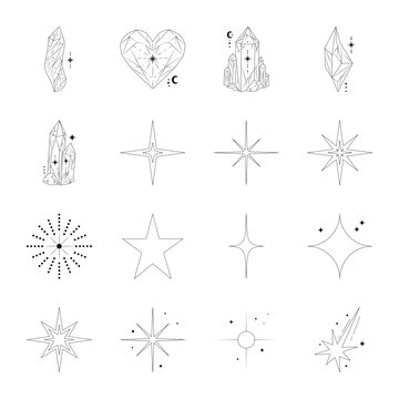 Crystal formations, sparkling stars, celestial symbols, navigation icons, planets, comets, and magical astronomy line illustrations. 

