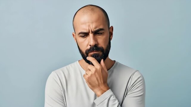 A contemplative man with a beard looking down in deep thought and reflection