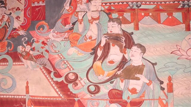 The mural art of the Mogao Grottoes in Dunhuang, China: Ancient Eastern art. Ancient Chinese murals, a sister piece to the Dunhuang murals, the Yulin Grottoes, Buddhist mural art.