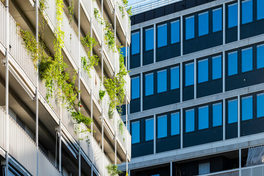 Blue office windows contrast with planted residential balconies in Nordbahnviertel, Vienna, Austria, where apartment architecture creates a sharp urban facade