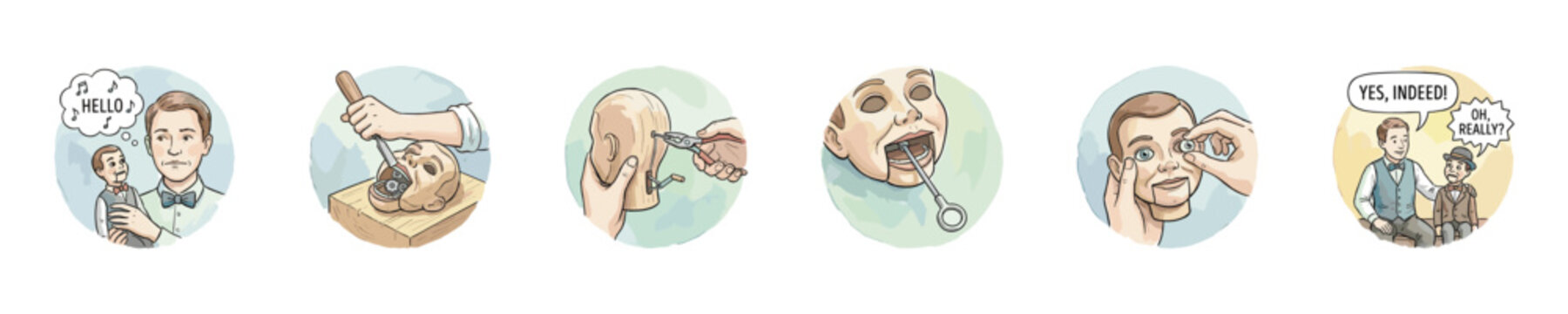 Ventriloquist and dummy undergoing repair and maintenance for performance