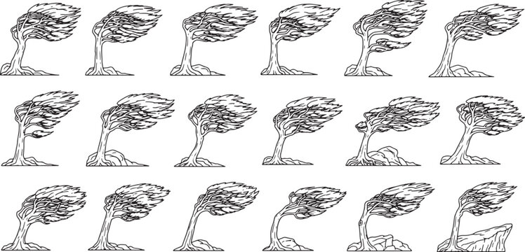 Set of hand drawn trees bending in strong wind isolated on white background vector illustration design element