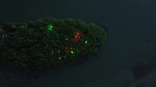 Aerial view of densely forested green island inside the river delta at Anaklia resort in Georgia