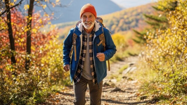 Happy senior man hiking on a vibrant autumn trail, surrounded by colorful fall foliage Wallpaper Background image