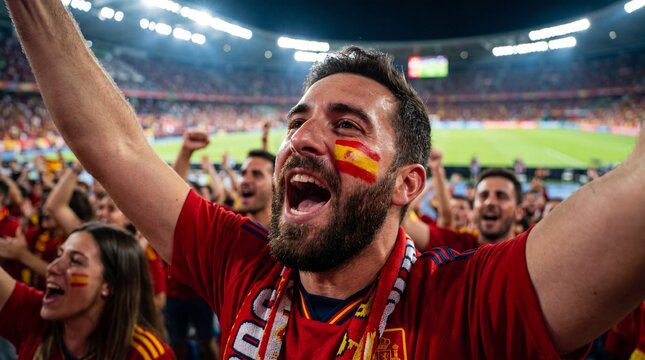 A bearded male soccer fan with the Spanish flag painted on his face cheers enthusiastically with his arms raised while watching a match in a packed stadium.