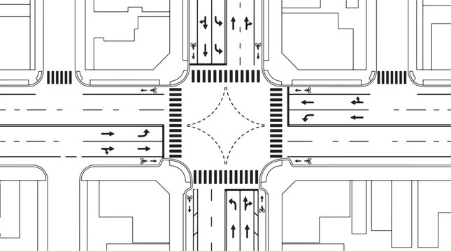 Top down view of a city street intersection with road markings and pedestrian crosswalks vector illustration
