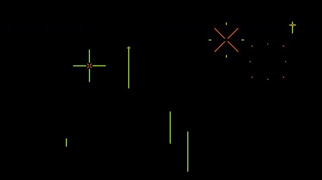 Minimalist 2D firework animation with simple green and orange explosions on alpha channel background for festive motion graphics and retro game style celebrations