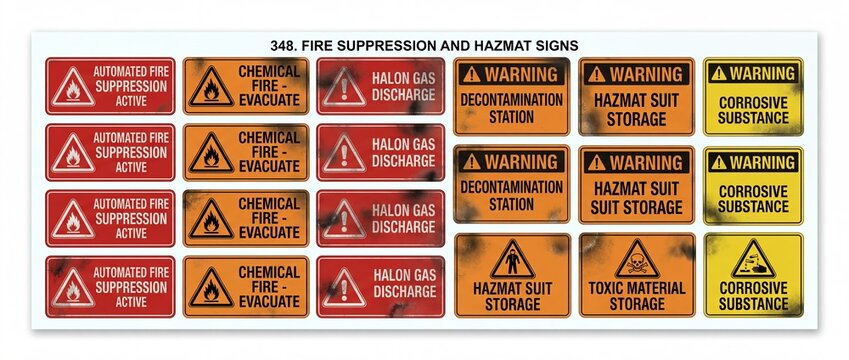 Distressed safety warning signs: fire suppression, chemical, halon gas, hazmat, toxic material, corrosive substances. Essential for industrial safety and emergency contexts.