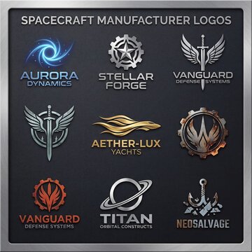 A collection of 9 diverse, futuristic logos for fictional spacecraft manufacturers and space-related companies, featuring metallic, glowing, and distressed designs.