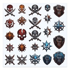 Obraz premium A collection of rusty, grunge-style emblems featuring skulls, crossed swords, powerful fists in shields, and compass stars. Ideal for gaming, adventure, and vintage designs.