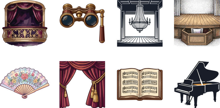 Elegant theater and opera vector elements collection featuring a stage box, lorgnette binoculars, luxury chandelier, prompter box, hand fan, stage curtains, sheet music, and grand piano.
