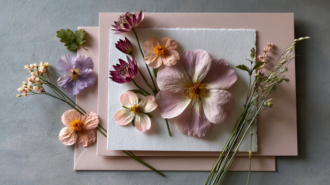 Pastel botanical flat lay with pressed flowers and soft paper showcasing elegant floral design and refined stationery concept